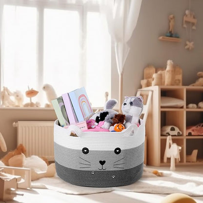 Zopeal Cat Basket Storage Woven Organizer with Ears Easter Decorative Gift Pet Toy Cute Cotton Rope Basket for Gift Cat Dog Toy Bin Nursery Room(21.7 x 13.8 Inch,White, Light Gray and Gray)