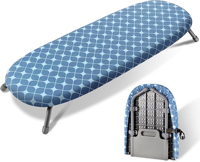 SheeChung Tabletop Ironing Board 12"x32",Small Ironing Boards with Removable Cotton Cover and Pad,Portable Folding Non-Slip Feet for Home Laundry Rooms,Blue Square
