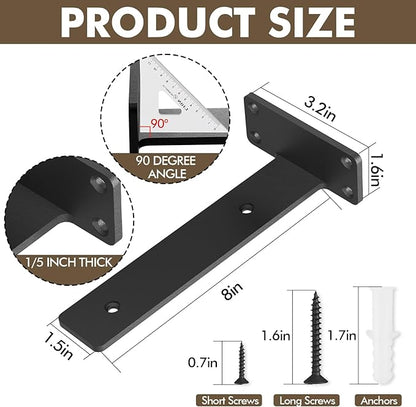Heavy Duty Shelf Bracket 4 Pack, Floating Shelf Brackets 8 inch Long, Brackets for Shelves, Black Coated Metal Wall Shelf Support Brackets（1/5"-Thick）