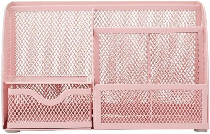 Annova Mesh Desk Organizer Office with 7 Compartments + Drawer/Desk Tidy Candy/Pen Holder/Multifunctional Organizer (Light Pink)