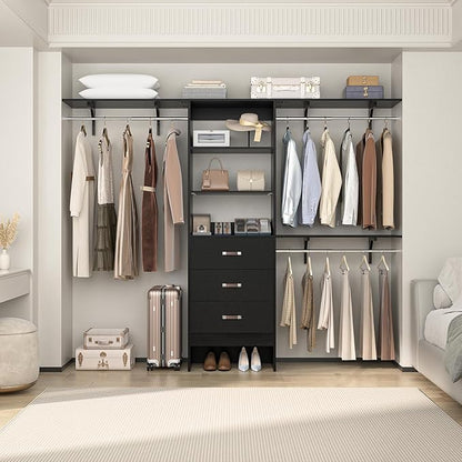 Closet System with Drawer - 8FT Wood Closet Organizer System with 3 Hanging Rods and Shelving Tower, 96" Walk In Closet Organizer Wardrobe, Black