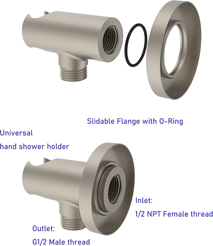 Aquaiaw Wall Supply Elbow with O-Ring Flange, Tapered 1/2 NPT Female Inlet, Solid Brass Wall Union W/Handshower Holder, Round Supply Elbow W/Hand Shower bracket, PVD Brushed Nickel, G1/2 Outlet