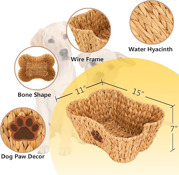 FairyHaus Dog Toy Basket Organizer with Dog Paw Decor, 1Pack Wicker Bone Shape Dog Toy Bin for Organizing, Natural Water Hyacinth Dog Toy Box for Pet Chew Toys Blanket Treats Storage