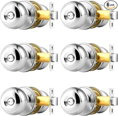Probrico Polished Chrome Door Knobs, Interior Door Knobs with Round Ball Knob, Nickel Privacy Door Knob for Bedroom Bathroom, 6 Pack