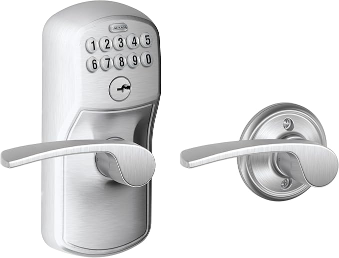 Schlage Plymouth Keypad Lock with Lever Handle, Electronic Keyless Door Entry, Auto‑Lock Enabled, Satin Chrome, FE575 PLY 626 FLA