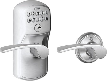 Schlage Plymouth Keypad Lock with Lever Handle, Electronic Keyless Door Entry, Auto‑Lock Enabled, Satin Chrome, FE575 PLY 626 FLA