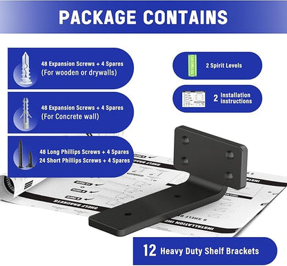 Goovilla Shelf Bracket, Heavy Duty Floating Shelf Brackets 4 inch Long, 12 Pack Brackets for Shelves, Black Coated Metal Wall Shelf Support Brackets with 1/5 Inch Thick and 160 lb. Load Capacity