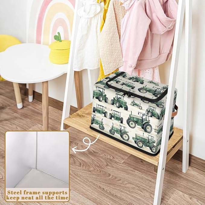 Tractor Truck Storage Bins with Zipper Lid, Collapsible Fabric Storage Basket with Leather Handles Closet Shelf Cloth Organizer Basket for Nursery Bedroom Clothes Toy