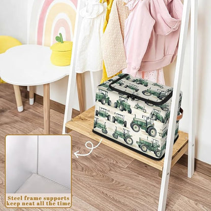 Tractor Truck Storage Bins with Zipper Lid, Collapsible Fabric Storage Basket with Leather Handles Closet Shelf Cloth Organizer Basket for Nursery Bedroom Clothes Toy
