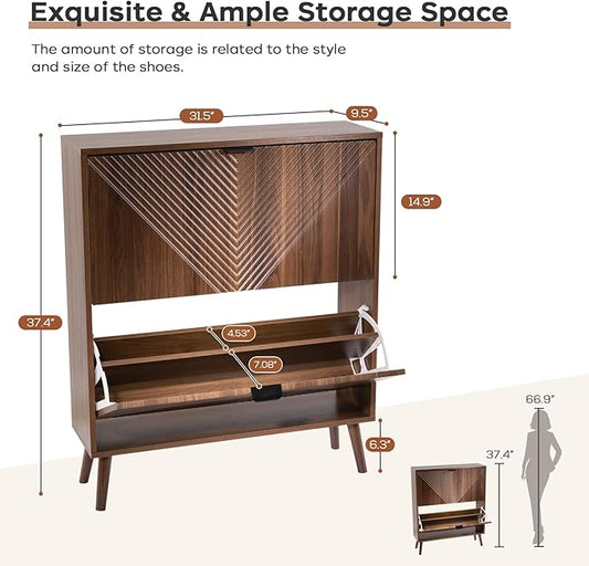Shoe Cabinet Storage, Farmhouse Freestanding Organizer with 2 Flip Drawers and 4 Wooden feet, Narrow Shoe Rack Cabinet for Entryway, Foyer, Hallway, Walnut