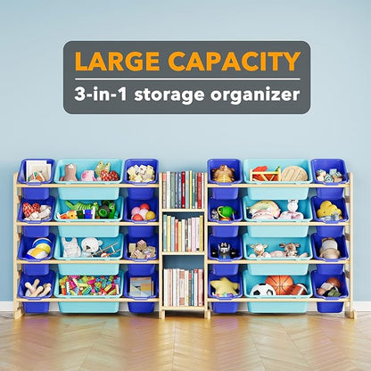 SpaceAid Large Toy Storage Organizer with 24 Bins and 3 Shelves, Toy Organizers Storage Bookshelf, Kids Bin Shelf Box Bookcase for Bedroom Playroom Organization Room Decor, Blue and Navy Blue