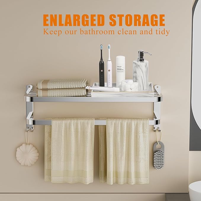DDS-DUDES 23 Inch Bathroom Towel Rack Towel Shelf with Double Towel Bars Lavatory Wall Mount Holder with Hooks Stainless Steel Hotel Bath Rack