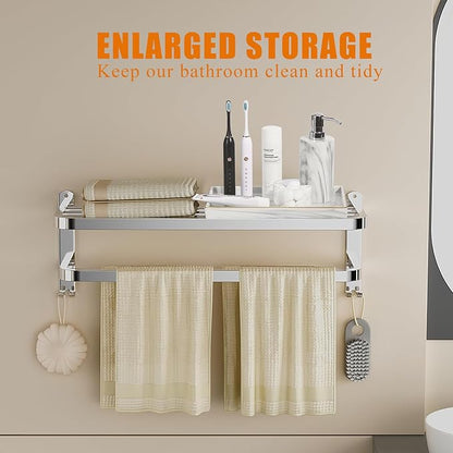 DDS-DUDES 23 Inch Bathroom Towel Rack Towel Shelf with Double Towel Bars Lavatory Wall Mount Holder with Hooks Stainless Steel Hotel Bath Rack