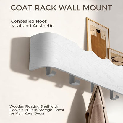 Wall Coat Rack Floating Shelves Modern Coat Rack Wall Mount with Storage Entryway Shelf Wooden Hanger 20 Inch 4 Hidden Metal Hooks for Living Room Bedroom (Wavy White, 4 Hooks)