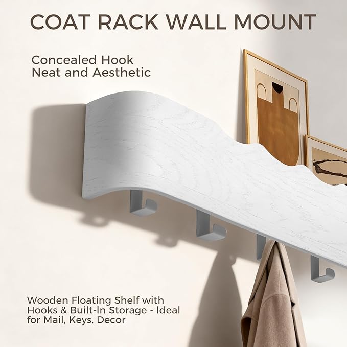 Wall Coat Rack Floating Shelves Modern Coat Rack Wall Mount with Storage Entryway Shelf Wooden Hanger 20 Inch 4 Hidden Metal Hooks for Living Room Bedroom (Wavy White, 5 Hooks)