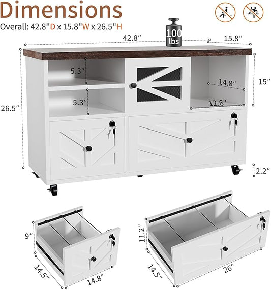 Semoic White Lateral File Cabinet with Lock, 2 Drawer Rolling Filing Cabinet for Home Office, Mobile Storage Cabinet with Open Shelves & Sliding Door, Fits Legal/Letter/A4 Files, Herringbone Design