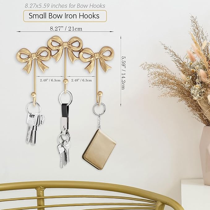 Small Bow Wall Hook,Gold Wall Mounted Functional Hooks,Antique Gold Cast Iron Hook for Coats,Bags, Bath Towels,Room Decorations,Girls Room,Bathroom,Office(Three-Bows Hooks:8.27x5.59 inches)