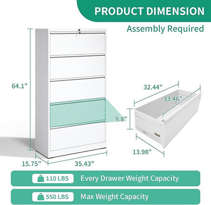 5 Drawer Lateral File Cabinets with Lock Office Filing Cabinet Steel Storage Cabinet Wide Horizontal Filing Metal Cabinets for Files Legal/Letter/A4 Size Assembly Required Assembly Required