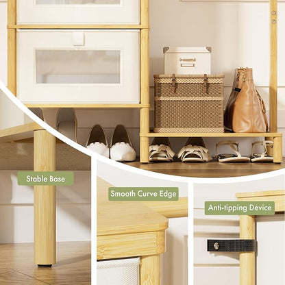 Bamboo Dresser with Hanging Rack, 4-Drawer Small Closet Organizer for Bedroom, Tall Storage Tower with Clothes Rack, Natural Wood 41.4" H x 31.3" W–Space-Saving Design, Easy Assembly