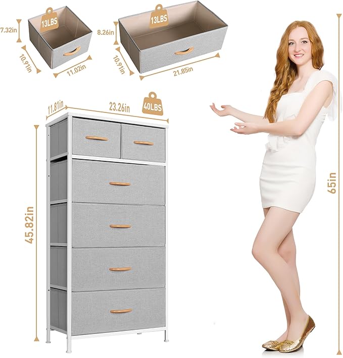 Mifuro Tall Dresser for Bedroom, Vertical Storage Organizer Tower with 6 Drawers, Chest of Drawers with Fabric Bins, Steel Frame, Wood Top for Bedroom, Closet, Entryway- Light Grey