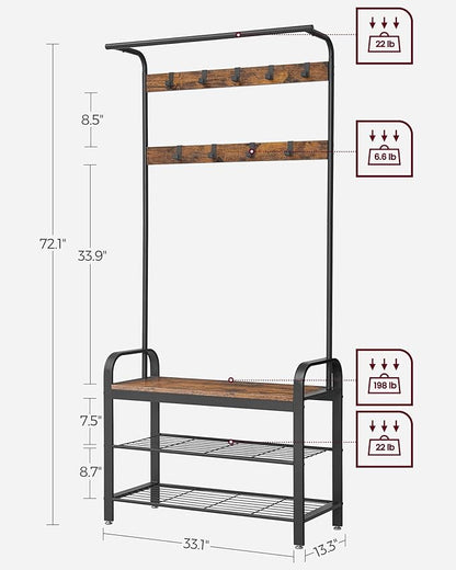 VASAGLE Coat Rack, Hall Tree with Shoe Bench for Entryway, Entryway Bench with Coat Rack, 4-in-1, with 9 Removable Hooks, a Hanging Rod, 13.3 x 33.1 x 72.1 Inches, Rustic Brown and Black UHSR400B01