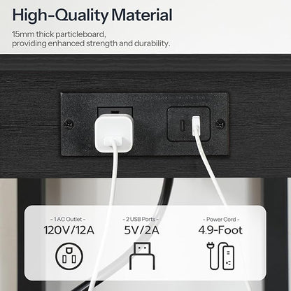 HOOBRO 2-Tier Printer Stand with Charging Station, Under Desk Printer Table, Printer Cart with Storage Shelves, Shelf for Small Spaces, for Home Office, Black BK38UPS01