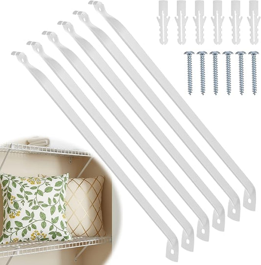 12 Inch Wire Shelf Support Brackets, 6 Pack Metal Closet Shelf Hardware with Anchors and Pins for Sturdy Installation, White Epoxy Coated Steel Shelving Support
