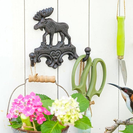 Sungmor Cast Iron Moose Wall Hook - Rustic Animal Coat Hanger for Cabin, Lodge, or Farmhouse Decor - Heavy Duty Double Hooks for Keys, Hats, Towels - Vintage Antler Wall Mount Hanger