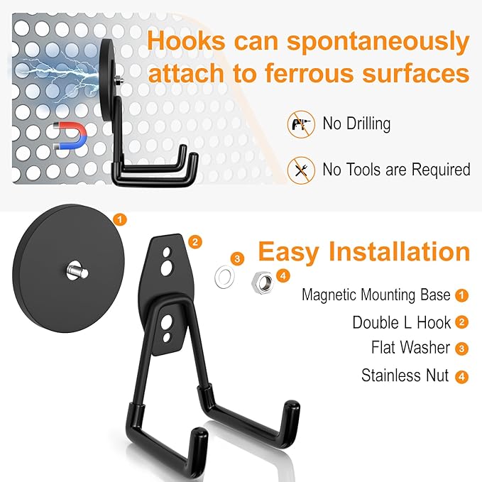 ENUODA Strong Magnetic Hooks Heavy Duty Garage Hooks Magnet Tool Holder for Hanging Yard Tools Extension Cord Hose Power Tools Workshop Organization Outdoor Indoor, 25Lbs, 2 Pack