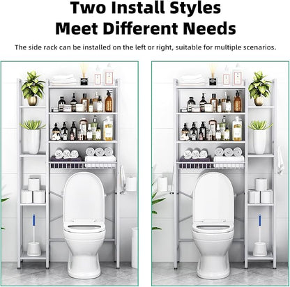 8-Tier Over The Toilet Storage with Side Rack, Over Toilet Storage Rack with Adjustable Shelf & Drain Basket, Freestanding Bathroom Organizer for Balcony, Laundry (Pure White)