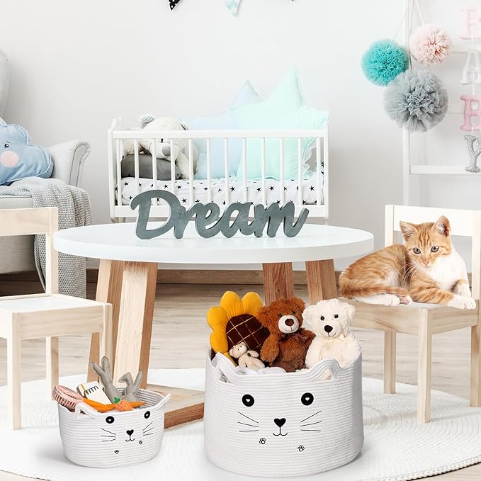 Zopeal Cat Basket Storage Woven Organizer with Ears Easter Decorative Gift Pet Toy Cute Cotton Rope Basket for Gift Cat Dog Toy Bin Nursery Room(21.7 x 13.8 Inch,White)