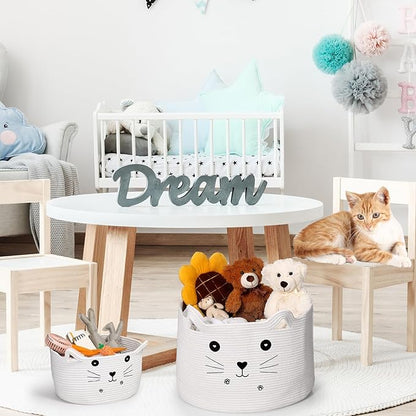 Zopeal Cat Basket Storage Woven Organizer with Ears Easter Decorative Gift Pet Toy Cute Cotton Rope Basket for Gift Cat Dog Toy Bin Nursery Room(21.7 x 13.8 Inch,White)