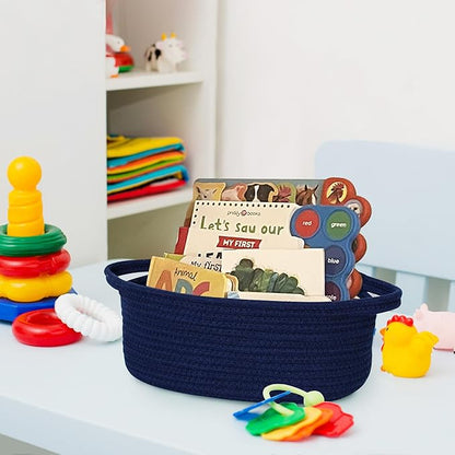 Small Woven Gift Basket, Baskets for Gifts Empty, Cotton Rope Cat Dog Toy Bin Box, Nursery Baby Basket, Wicker Basket with Handles, Shelf Storage Basket for Home Decor, Blue, 12"x 8"x 5"