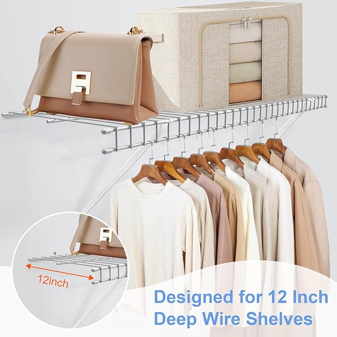 12 Inch Wire Shelf Brackets Set, 8 Pack Metal White Closet Support Bracket with End Brackets & Clips for Wire Shelving Wall Bracket Installation, Support Wire Closet Shelves Racks (8 Pack)