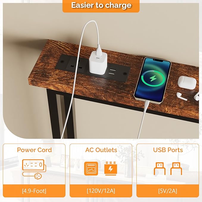 VINGLI 79" Console Table with Charging Station, 5.9" Narrow Sofa Table Set of 2, Entryway Table with Power Outlet & 4.9 Ft Extension Cord & Adjustable Feet, for Living Room, Hallway, Rustic Brown