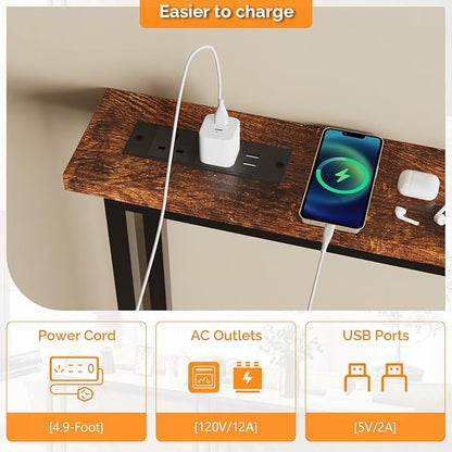 VINGLI 79" Console Table with Charging Station, 5.9" Narrow Sofa Table Set of 2, Entryway Table with Power Outlet & 4.9 Ft Extension Cord & Adjustable Feet, for Living Room, Hallway, Rustic Brown