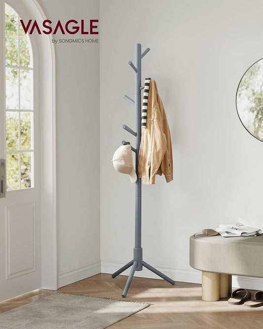 VASAGLE Solid Wood Coat Rack, Free Standing Tree-Shaped Coat Rack with 8 Hooks, 3 Height Options, for Clothes, Hats, Bags, Living Room, Bedroom, Home Office, Gray URCR04GY
