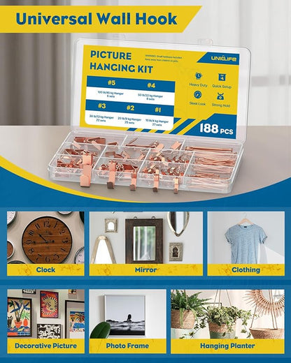Uniclife 188 Pcs Rose Gold Picture Hanging Kit, 10 lb, 20 lb, 30 lb, 50 lb, 100 lb Heavy Duty Picture Hangers for Drywall & Wood, Picture Hanging Hooks, Frame Hooks for Hanging Photos