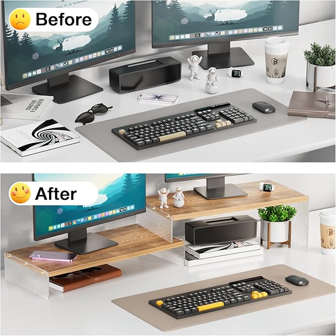 Adjustable Monitor Stand Riser with Acrylic Legs丨7.67" Wide Dual Monitor Stand for Desk丨2-Tier Wood Desktop Organizer for Computer, Laptop, Printer & PC丨Modern Aesthetic Desk Shelf(wood-glacial striae)