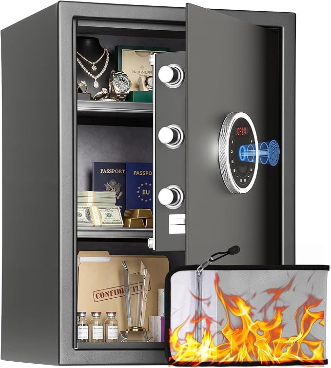 BlackSmith Home Biometric Safe 2.0 Cubic Feet Auto-Open Large Fingerprint Safe with Touchscreen Keypad Triple Alarm Security Safe Removable Shelf for Documents, Jewelry & Valuables