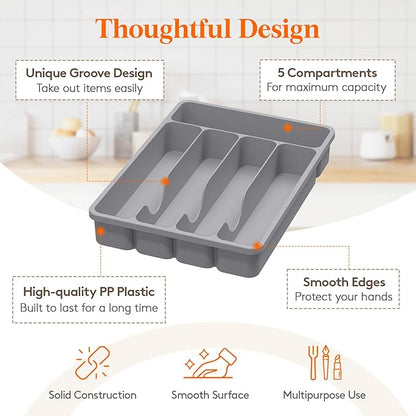 Lifewit Silverware Organizer with Lid, Covered Utensil Tray for Kitchen Drawer and Countertop, Plastic Cutlery and Flatware Storage Box for Spoons Forks Knives Holder Case, 23 x 32 cm, Gray