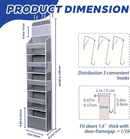 Over The Door Organizer 6 Tier with 12 Pockets & Reinforced Hooks - 59" Hanging Storage Organizer for Bathroom, Nursery, Pantry & Laundry (Light Grey)