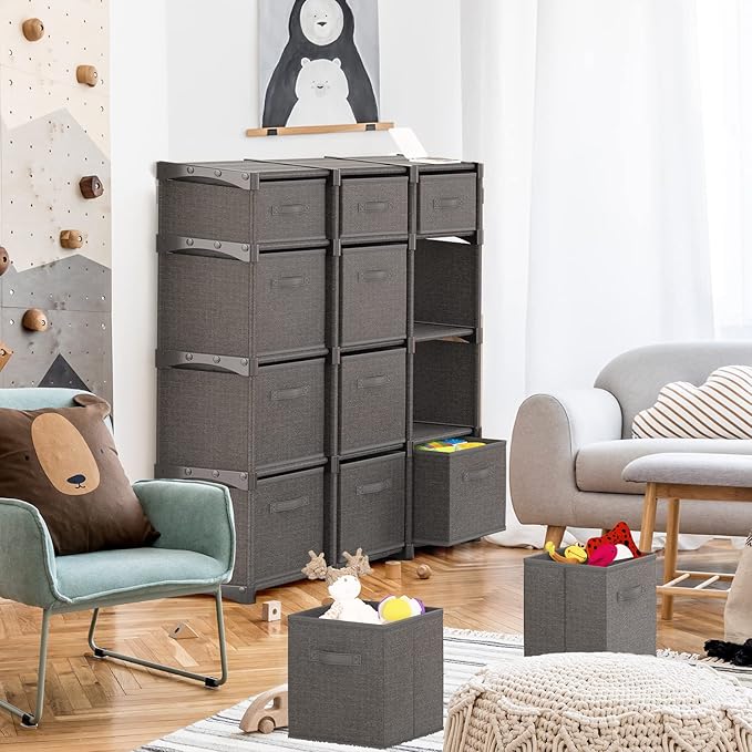 12 Cube Storage Organizer - Gray Cube Shelf Organizer, DIY Storage Cubes Organizer Shelves with Fabric Storage Cubes, Sturdy Cubbies Storage Shelves, Cube Storage Shelf for Bedroom, Playroom and More