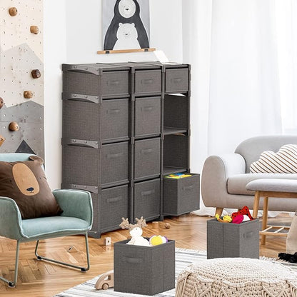 12 Cube Storage Organizer - Gray Cube Shelf Organizer, DIY Storage Cubes Organizer Shelves with Fabric Storage Cubes, Sturdy Cubbies Storage Shelves, Cube Storage Shelf for Bedroom, Playroom and More