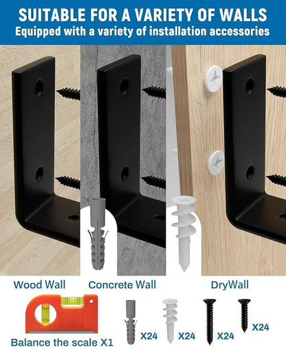 LEOPO 10 inch Shelf Brackets 12-Pack ,1/5 inch Thick Heavy Duty Industrial Bracket for DIY Floating Shelf Support, Black Coated Wall Shelf Support, 9.25” x 6” x 1.5”