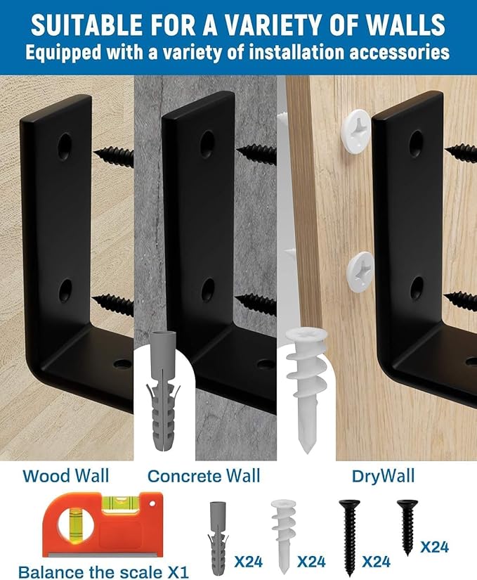 LEOPO 12 inch Shelf Brackets 12-Pack ,1/5 inch Thick Heavy Duty Industrial Bracket for DIY Floating Shelf Support, Black Coated Wall Shelf Support, 11.25” x 6” x 1.5”
