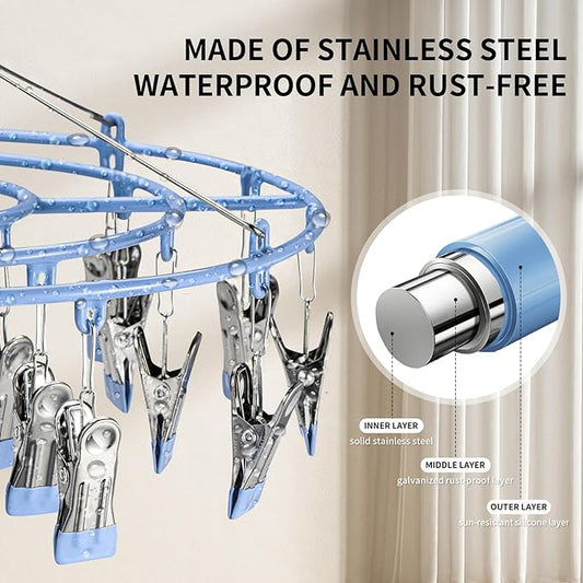 PHYDELU Drying Rack Clothing with 24 Clips，Sock Hanger for Drying，Hanging Clothes Dryer Underwear Hangers Racks Laundry Herb Socks Panty Wet Bra Lingerie Baby Delicates Foldable Small Indoor Metal