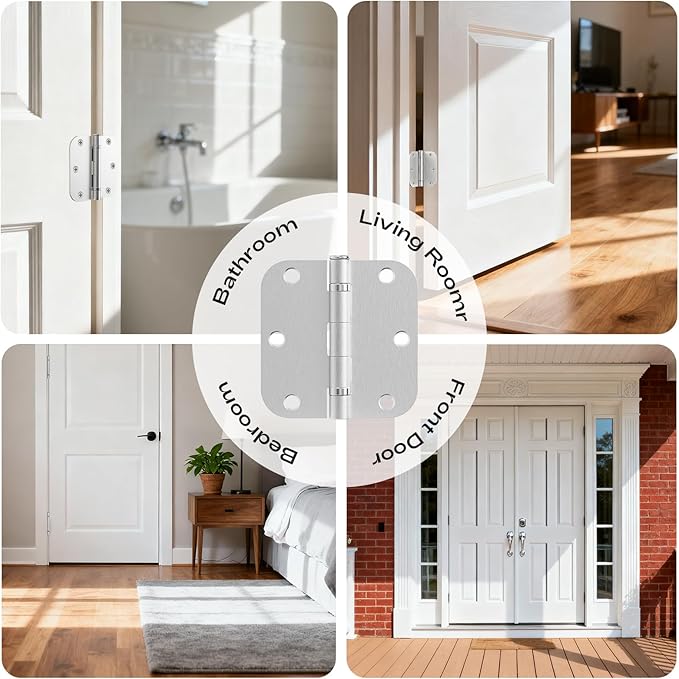 Brushed Nickel Door Hinges 12 Pack 3.5 Inch 5/8" Radius Round Satin Nickel Interior Ball Bearing Hinges with 5/8" Radius Corners Squeak-Free Silver Hardware