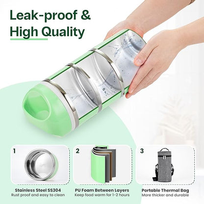 Lille Home Stackable Stainless Steel Lunch Containers, 43OZ Capacity 3 Layers Leakproof Bento Box for Adult, Portable Lunch Box for Women, Man, Travel, Office with Lunch Bag (Green.Pro)