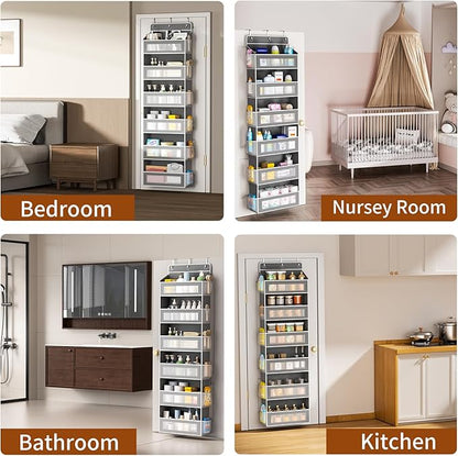 Over The Door Organizer with 6 Large Pockets, Over the Door Storage 12 Side Pockets, Hanging Door Organzier 44 lb Load Behind Door Storage Hanging Shelf for Closet Wall Bathroom Nursery, 6-Tier Grey